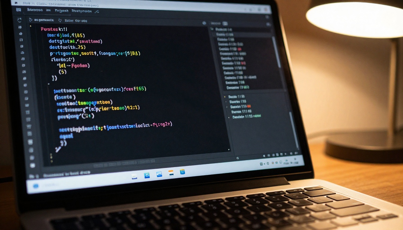 Laptop screen showing dark-mode code editor with benchmark terminal output