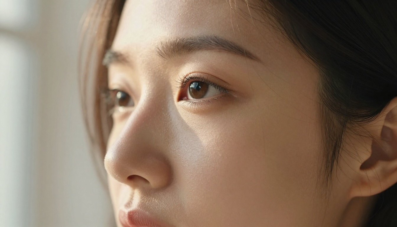 Close-up portrait of woman with natural skin texture and warm lighting