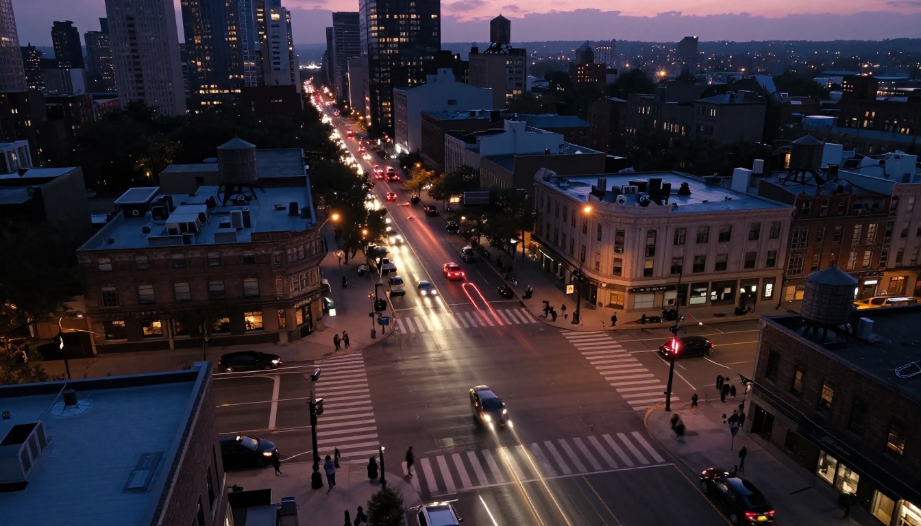 Aerial bird's-eye view of city intersection at dusk with long exposure light trails