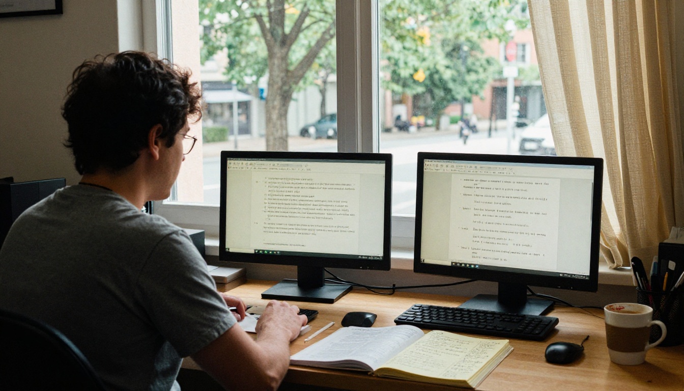 Translator working with two language screens in a sunlit office