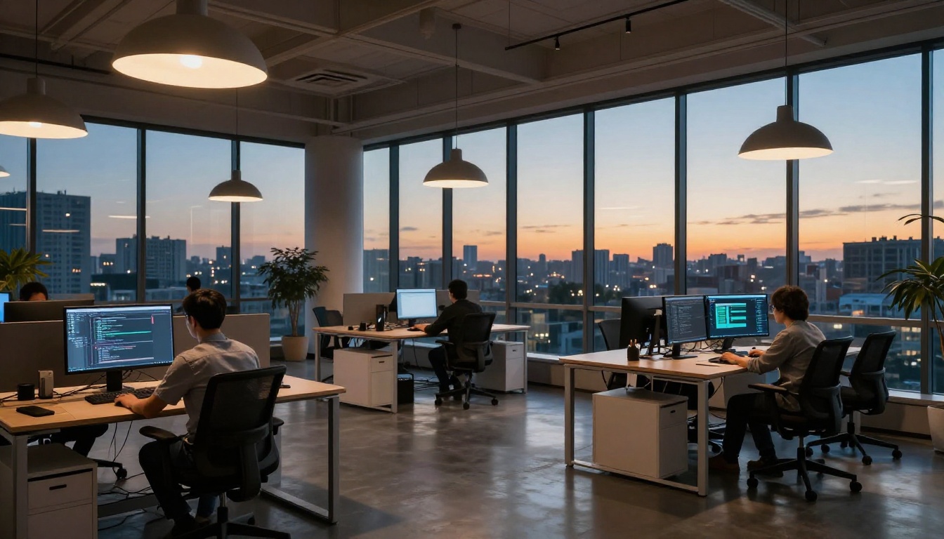 Modern tech office at dusk with developers coding at standing desks