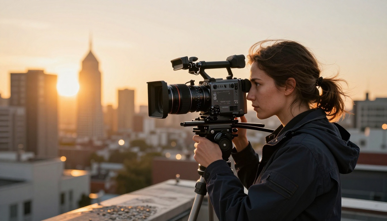 Female cinematographer operating cinema camera on a rooftop at golden hour
