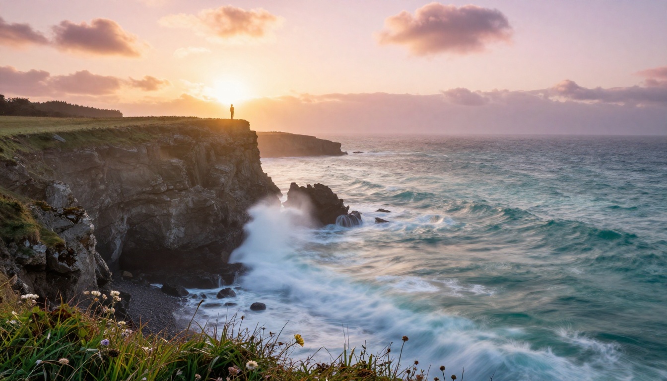 Coastal cliff at sunrise with lone figure overlooking the ocean