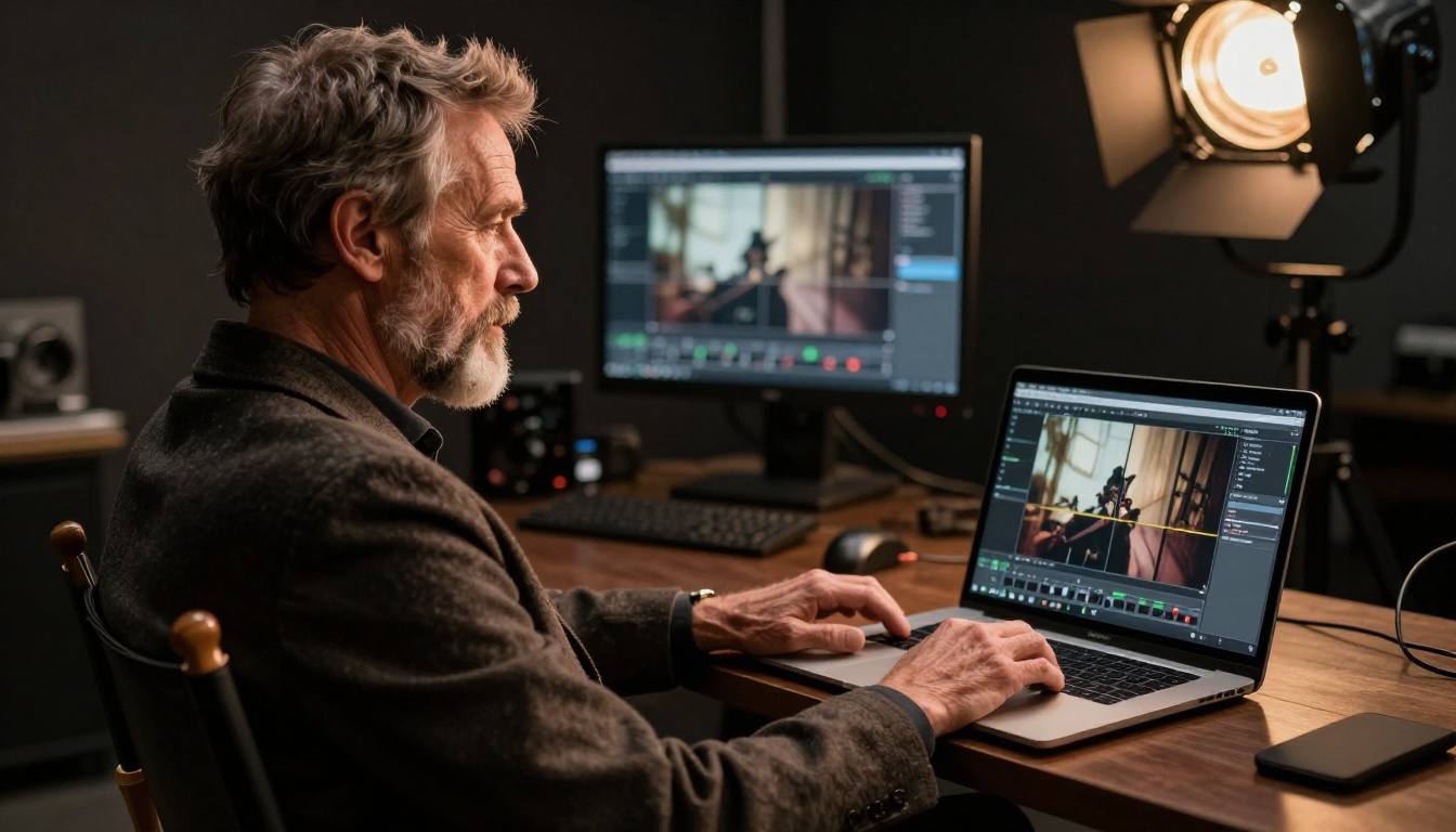 AI video production studio with filmmaker reviewing footage