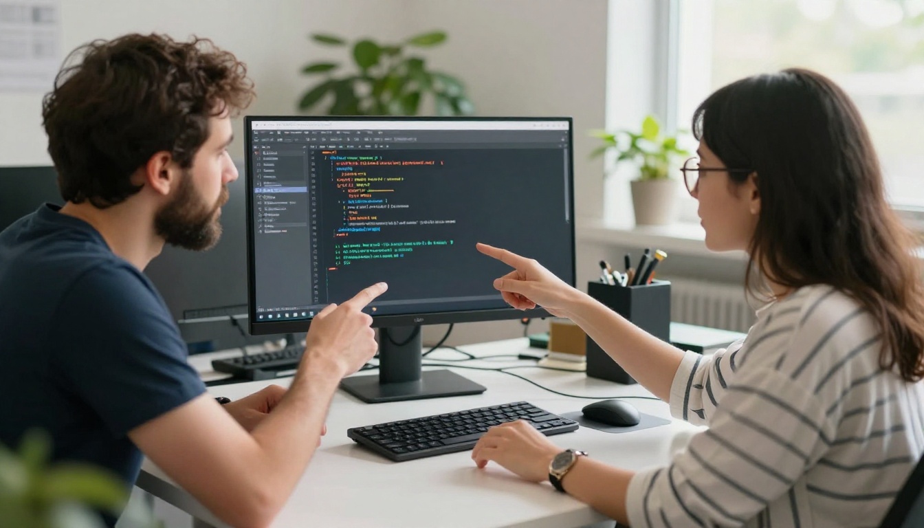 Two developers collaborating at a shared monitor showing code