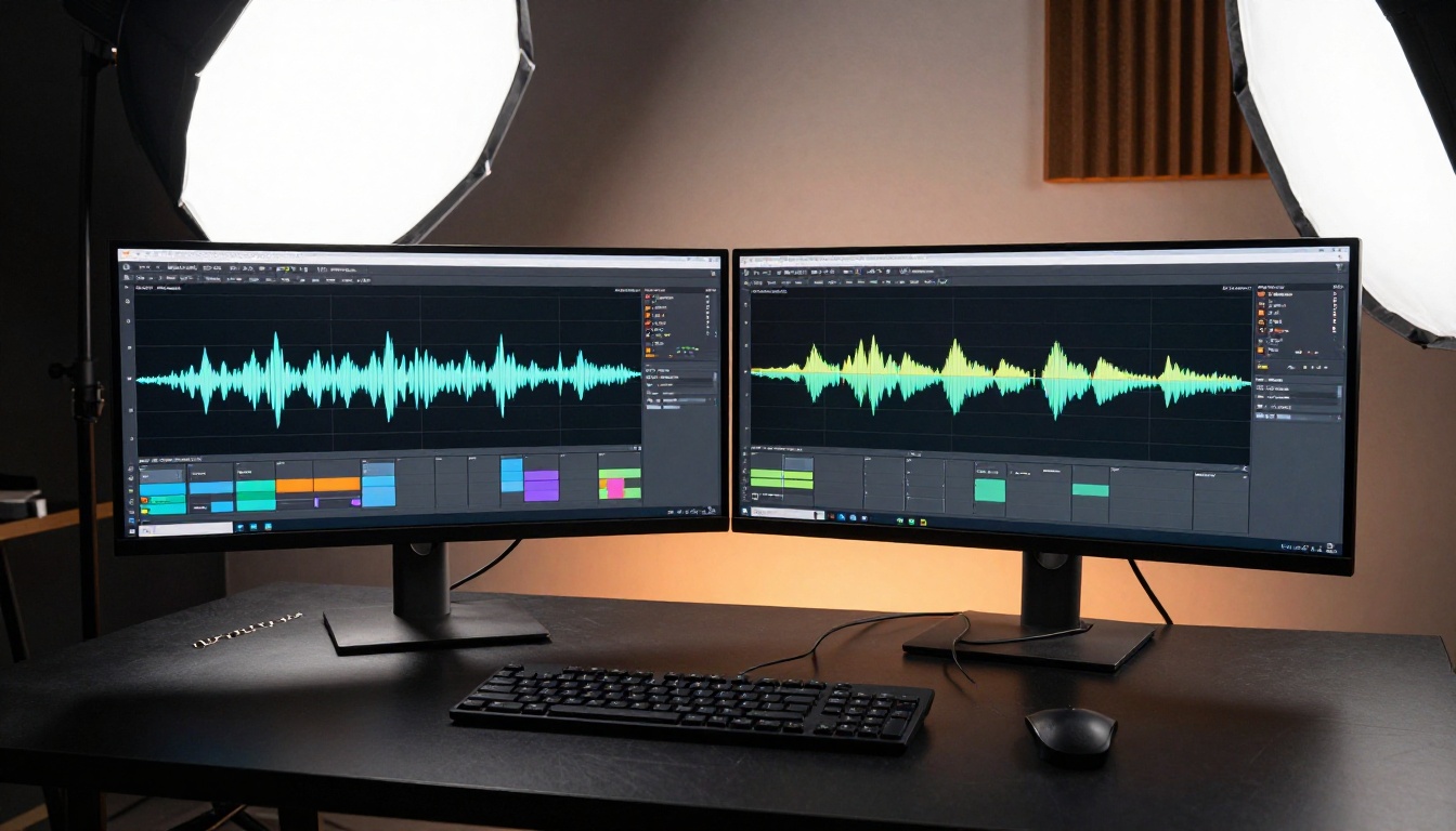 Two ultra-wide monitors displaying AI video generation interfaces side by side