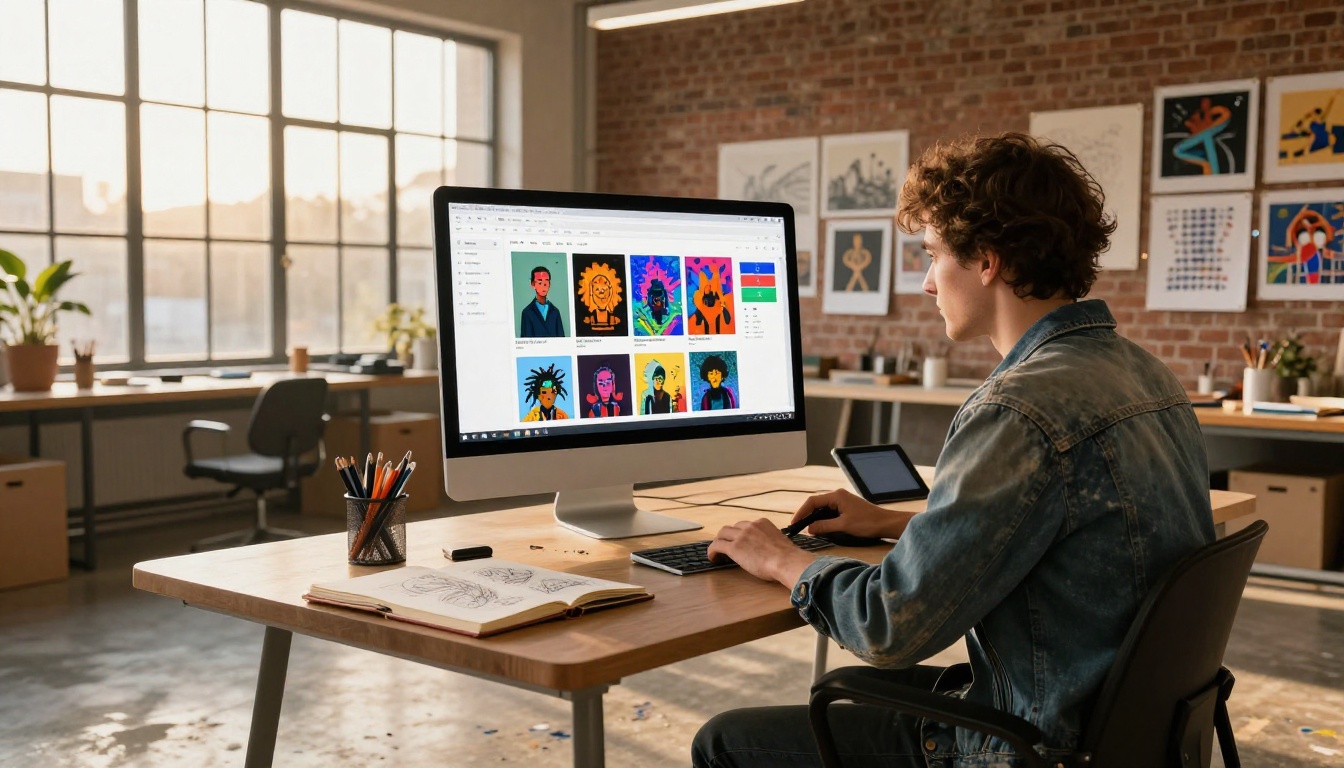 Creative professional browsing AI models on a platform in a modern studio apartment