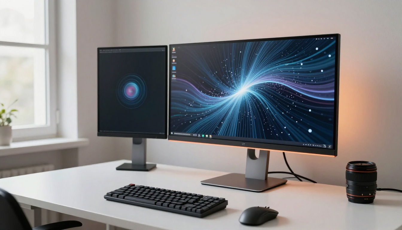 Modern tech workspace with physics simulation on monitor