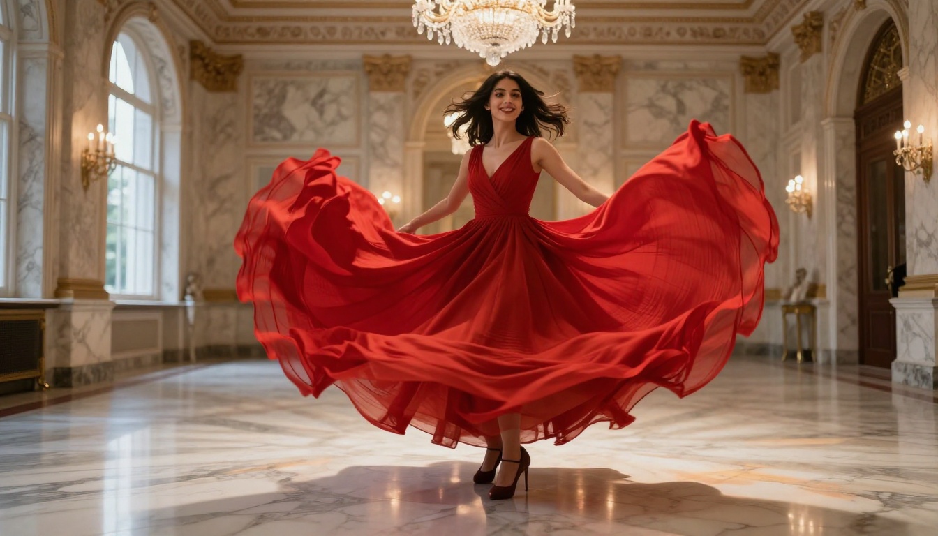 Young woman in elegant red dress spinning in a marble ballroom with motion blur