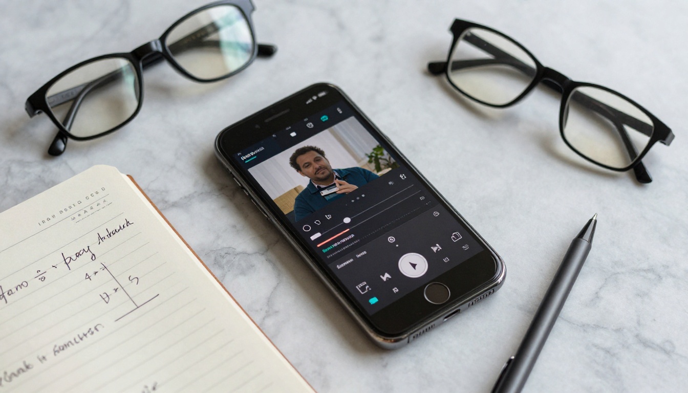 Smartphone showing video playback with benchmark notes and flat lay composition