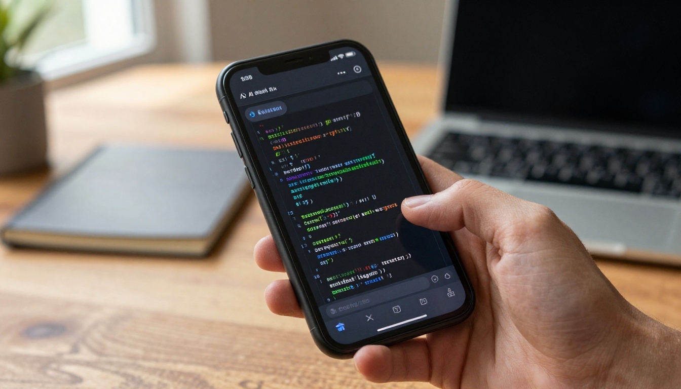 Hand holding smartphone displaying AI code chat interface with bokeh background