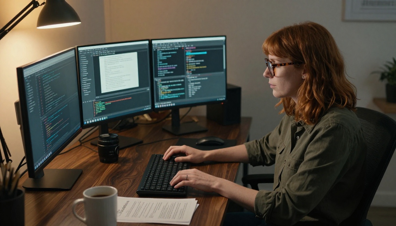 Developer woman with glasses at multi-monitor setup studying code
