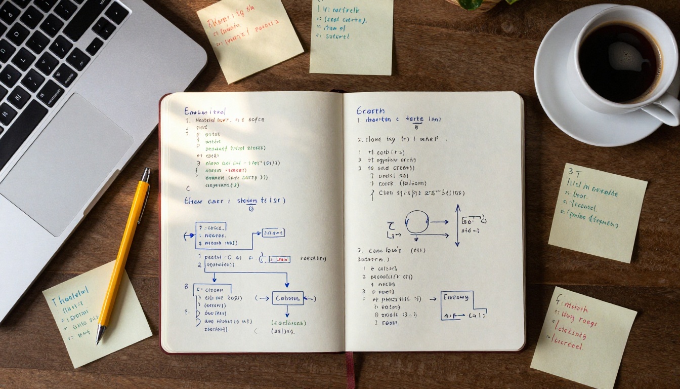 Aerial flat-lay of notebook with handwritten code diagrams and coffee