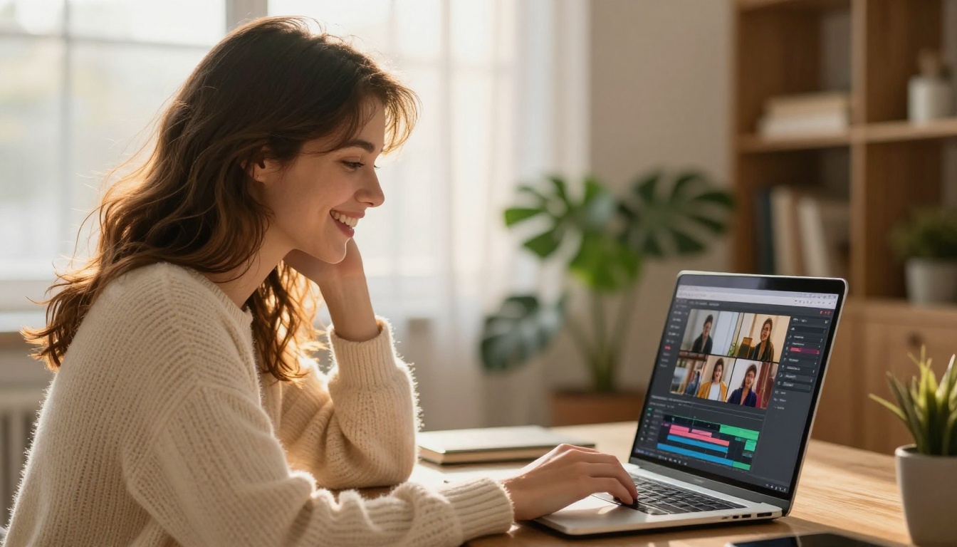 Content creator working with AI video platform at home studio
