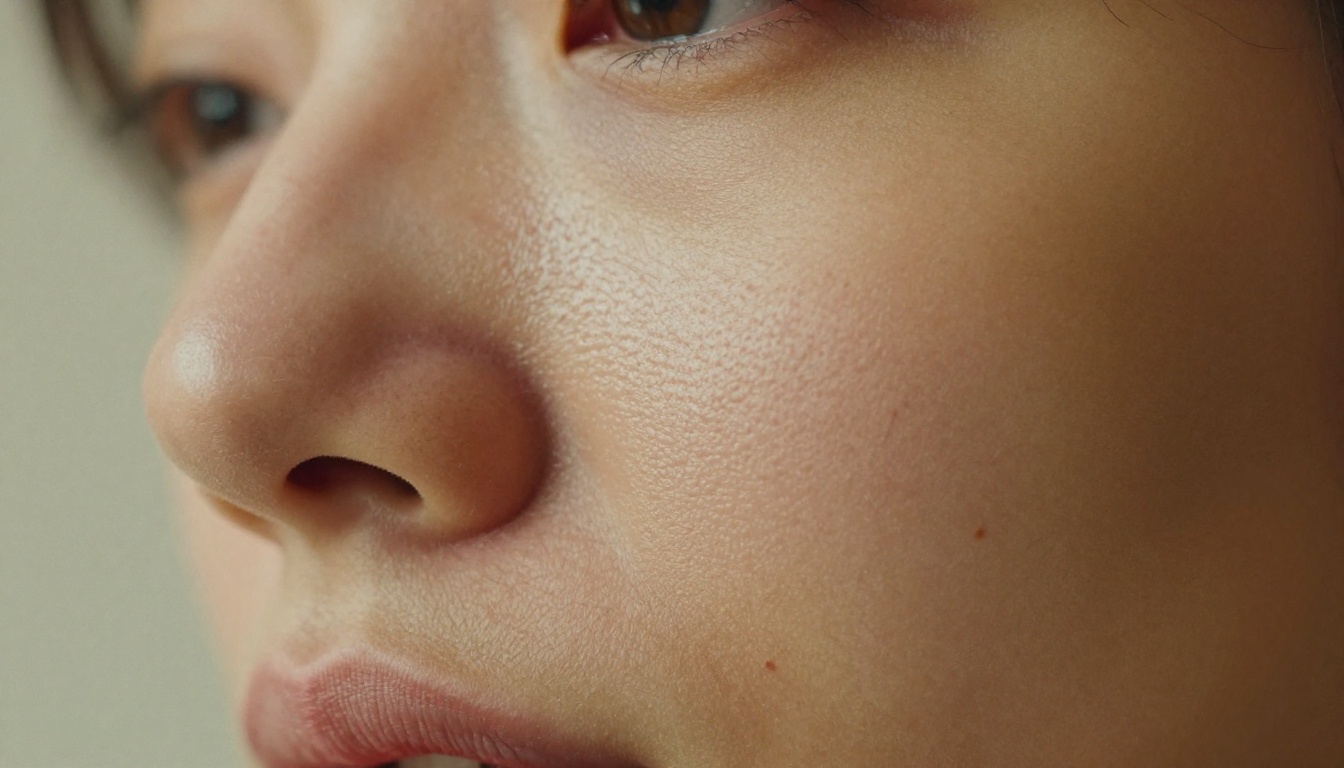 AI image generation macro portrait showing photorealistic skin pore detail and natural film grain
