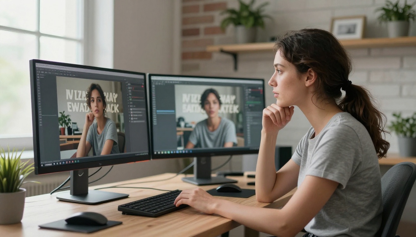 Woman comparing AI-generated outputs on two large monitors in a minimalist home studio