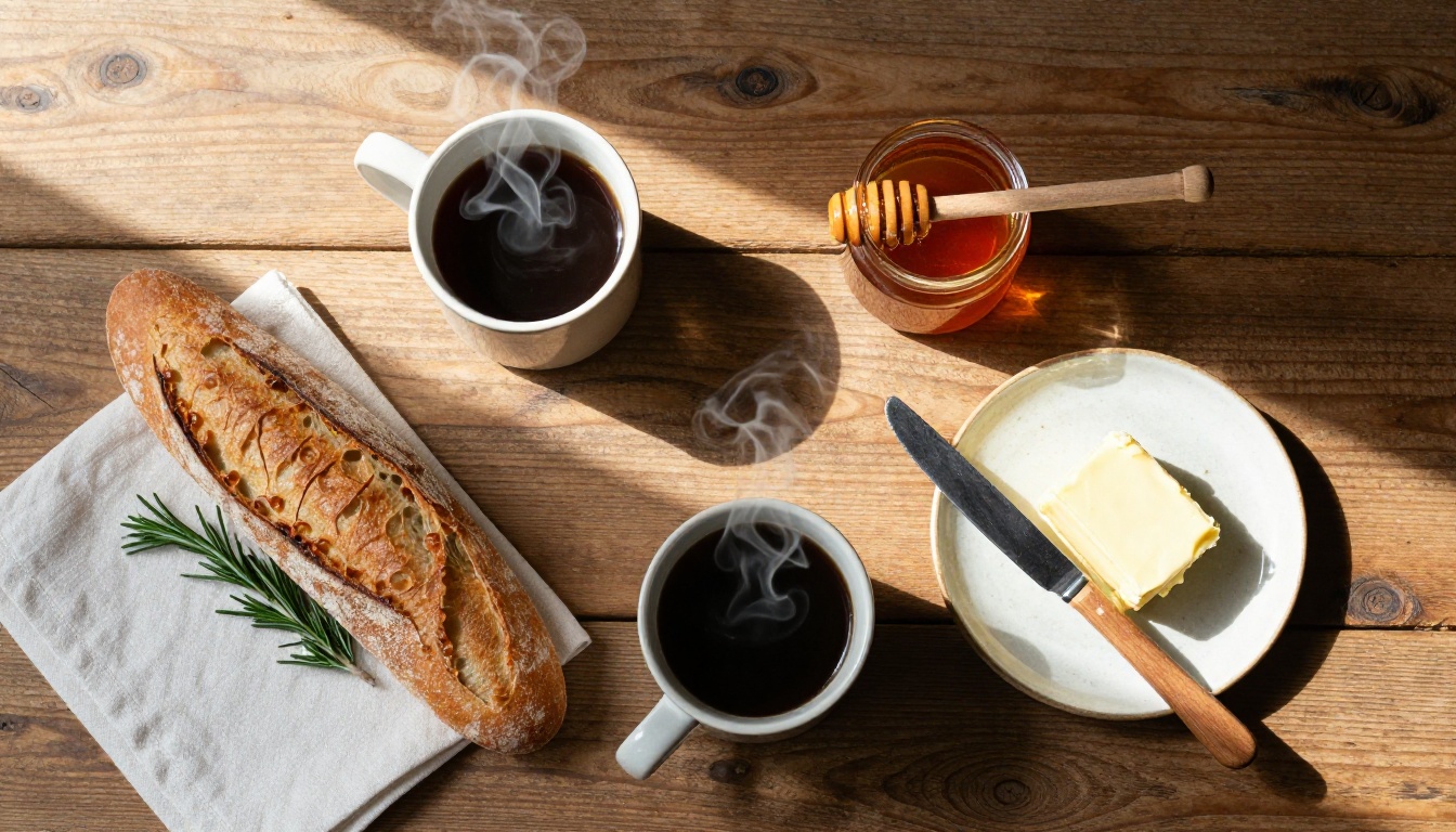 Overhead food photography with precise composition including coffee mugs, torn sourdough baguette, honey jar, and rustic wooden table