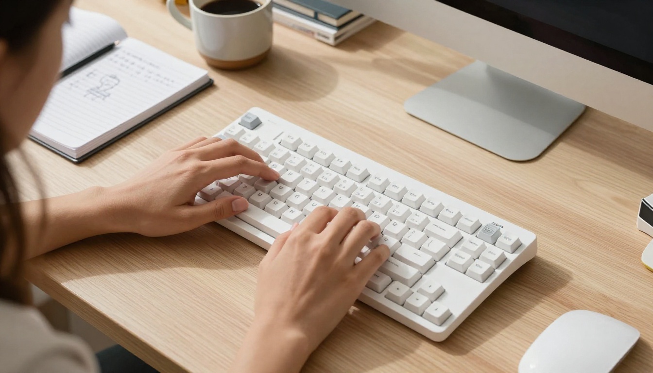 Close-up of hands typing on a white mechanical keyboard on a light oak desk