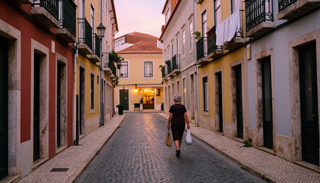 Atmospheric cobblestone street scene at dusk in Lisbon with warm tungsten cafe light and textured terracotta buildings