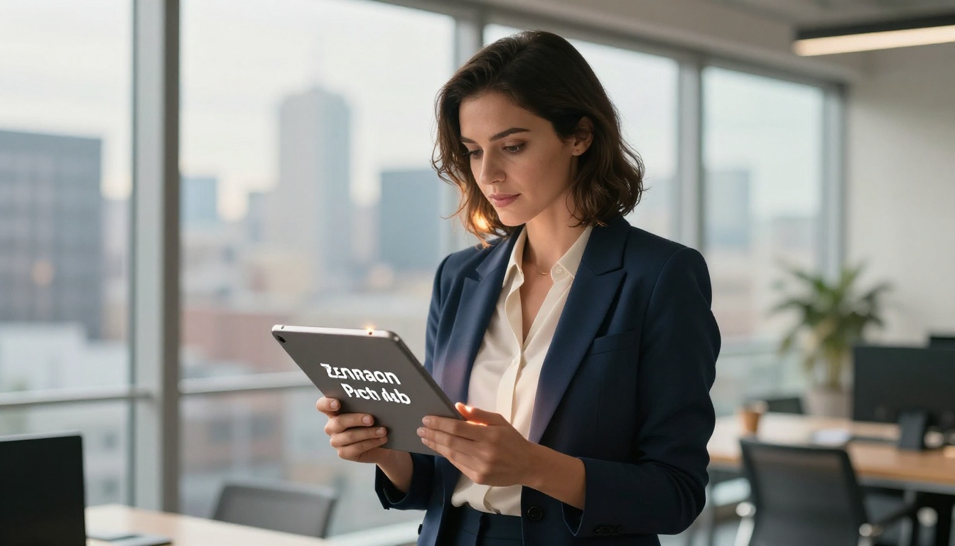 Woman holding a tablet in a modern coworking space near floor-to-ceiling windows with city bokeh