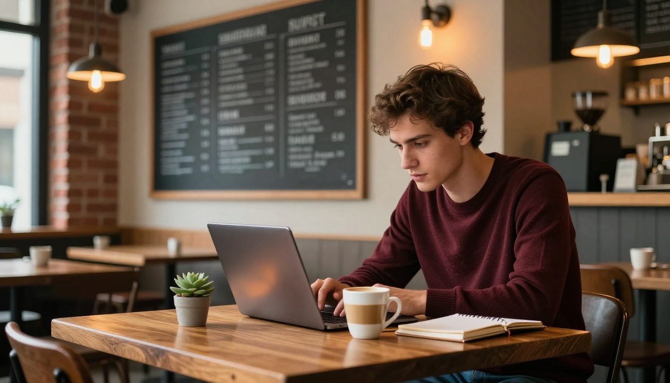 Young man in a burgundy sweater working on a laptop in a warm Edison-lit coffee shop