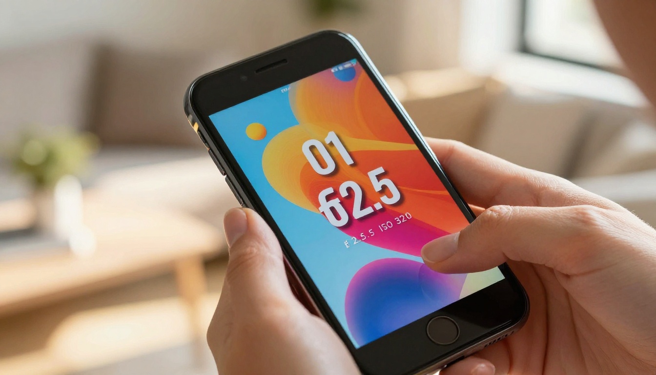 Smartphone displaying a vibrant AI-generated image with sharp text, warm living room bokeh background