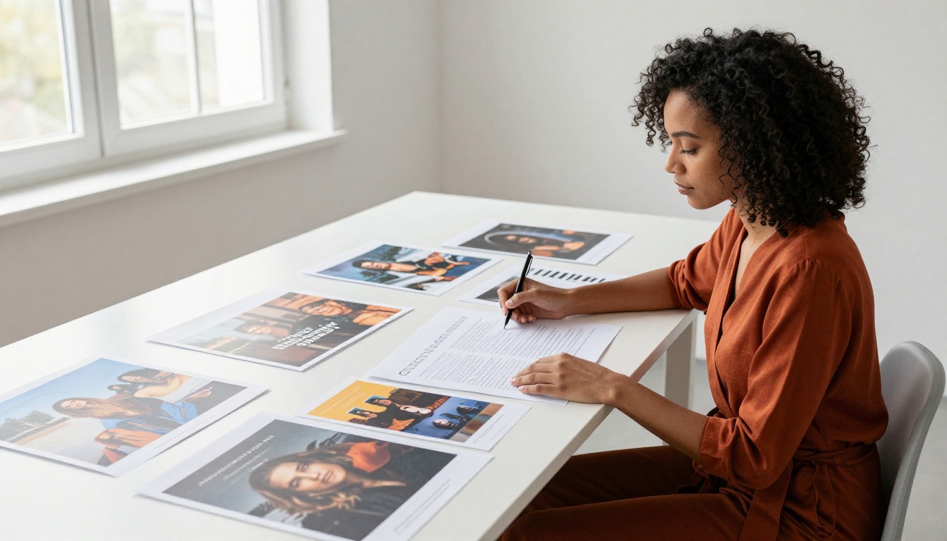 Design professional reviewing printed AI-generated images spread across a bright studio desk