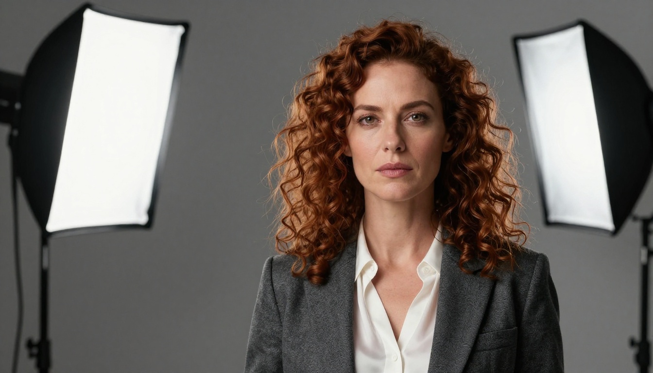 Professional studio portrait with three-point lighting setup, curly auburn hair, charcoal blazer, and confident direct gaze