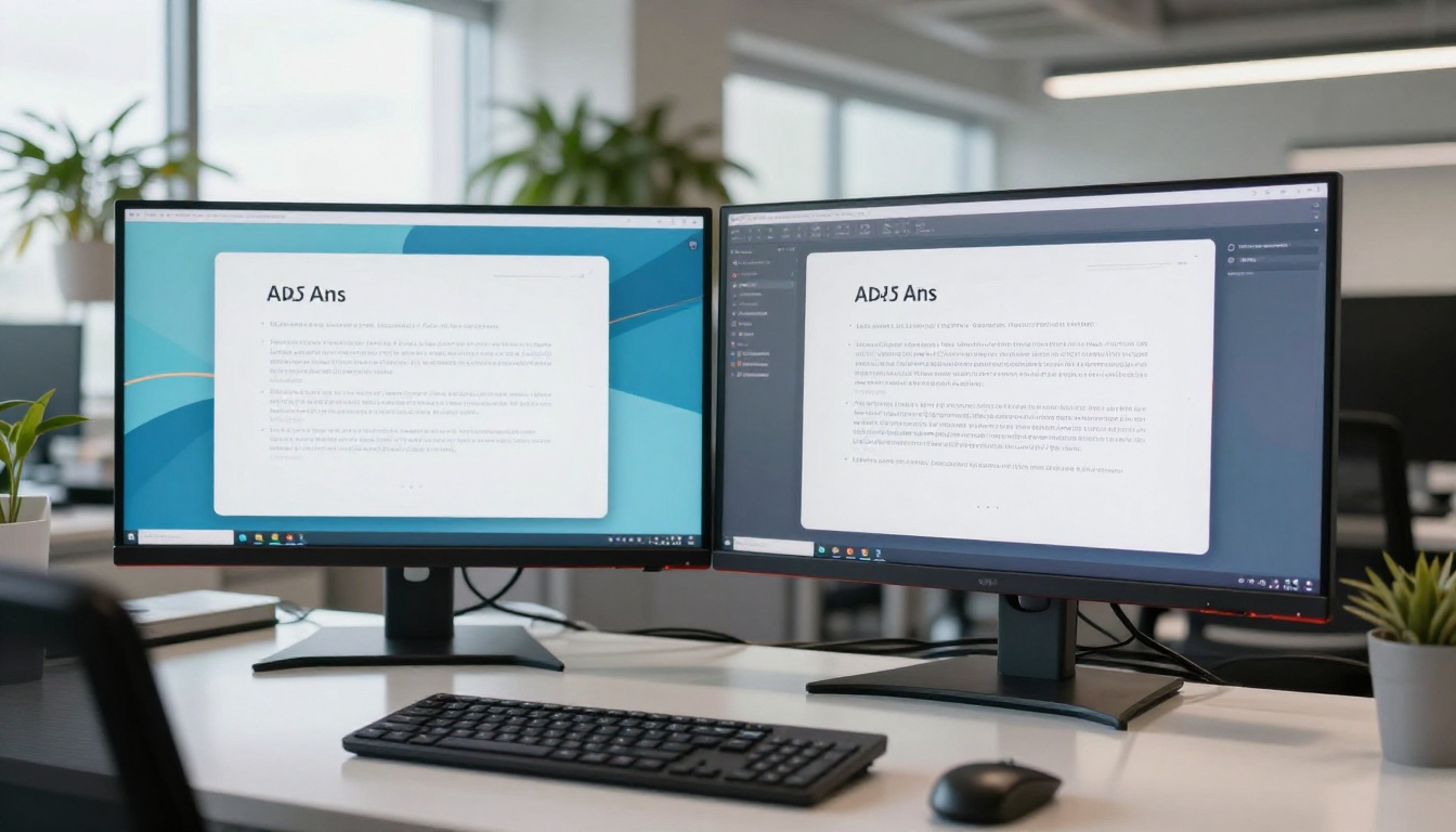 Low-angle shot of dual monitors on a glass desk showing AI-generated artwork with text elements