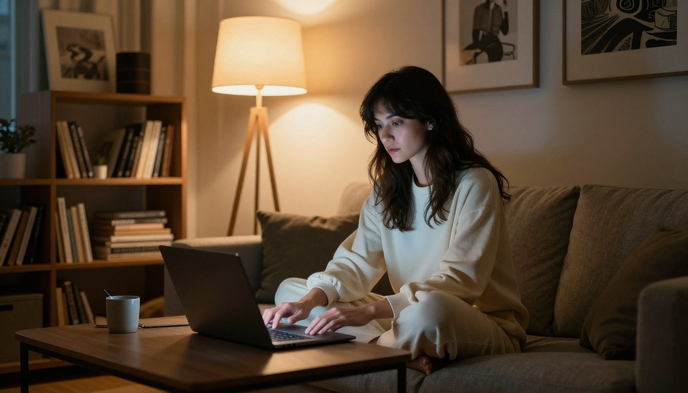 Woman sitting cross-legged on a couch at night, laptop glowing in front of her, warm floor lamp behind