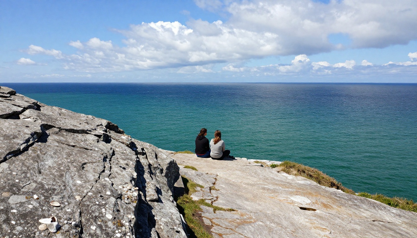 Wide coastal cliff landscape with couple overlooking the Atlantic Ocean, detailed limestone textures and volumetric clouds at midday
