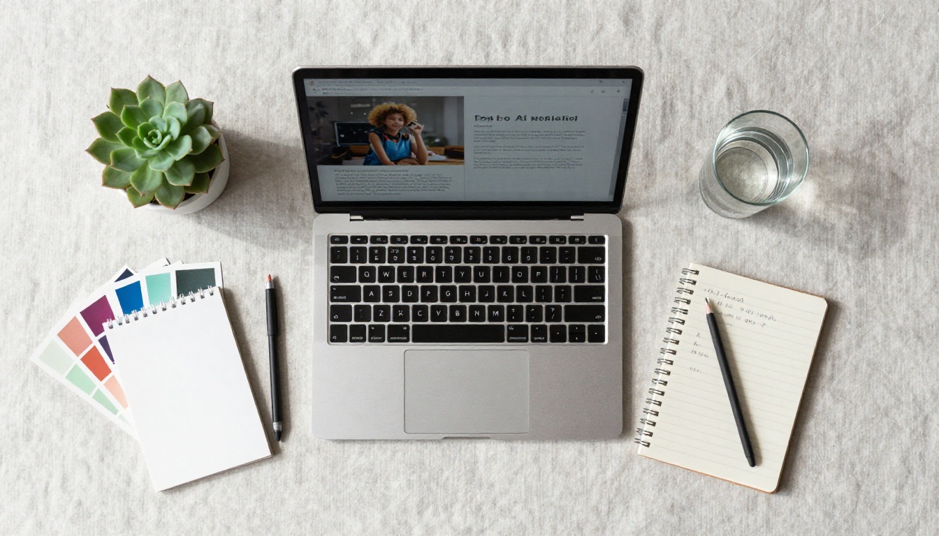 Aerial overhead flat lay of a creative workspace with laptop, notebook, color swatches, and succulent