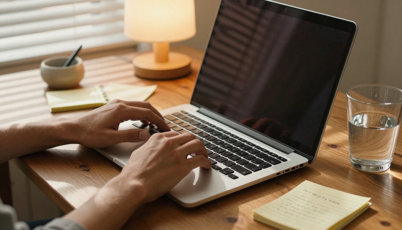 Person working on laptop with creative AI workflow, morning light through venetian blinds casting shadow bands across the desk