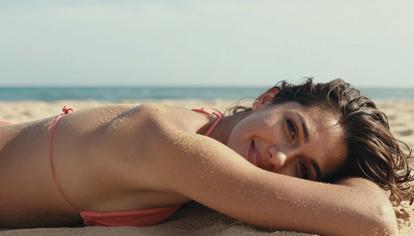Woman on sun-drenched sandy beach, warm afternoon light catching sand grain texture on her shoulder, ocean horizon above