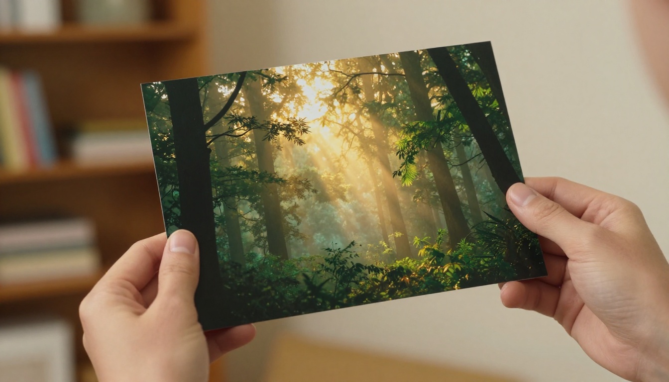 Hands holding a photorealistic AI-generated forest print