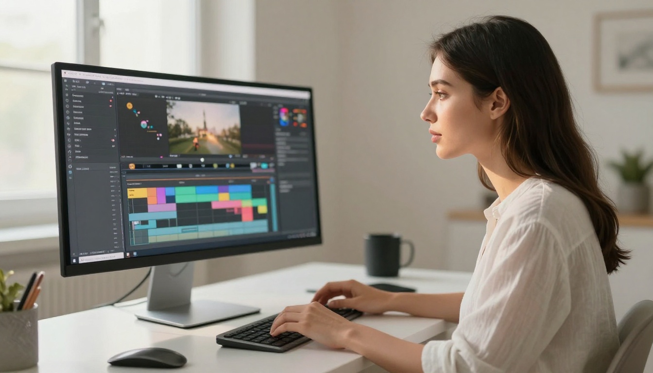 A content creator at a minimalist desk working with AI video tools on a curved monitor