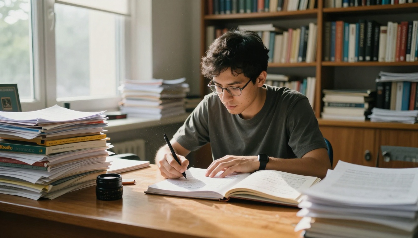 Male researcher at a cluttered desk surrounded by stacks of research papers, warm morning light Male researcher at a cluttered desk surrounded by stacks of research papers, warm morning light