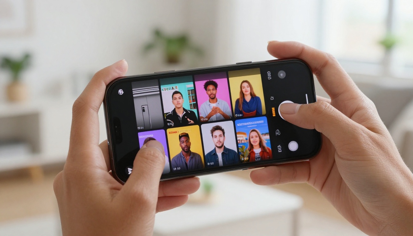 Close-up of a smartphone displaying a colorful grid of short video clips in feminine hands