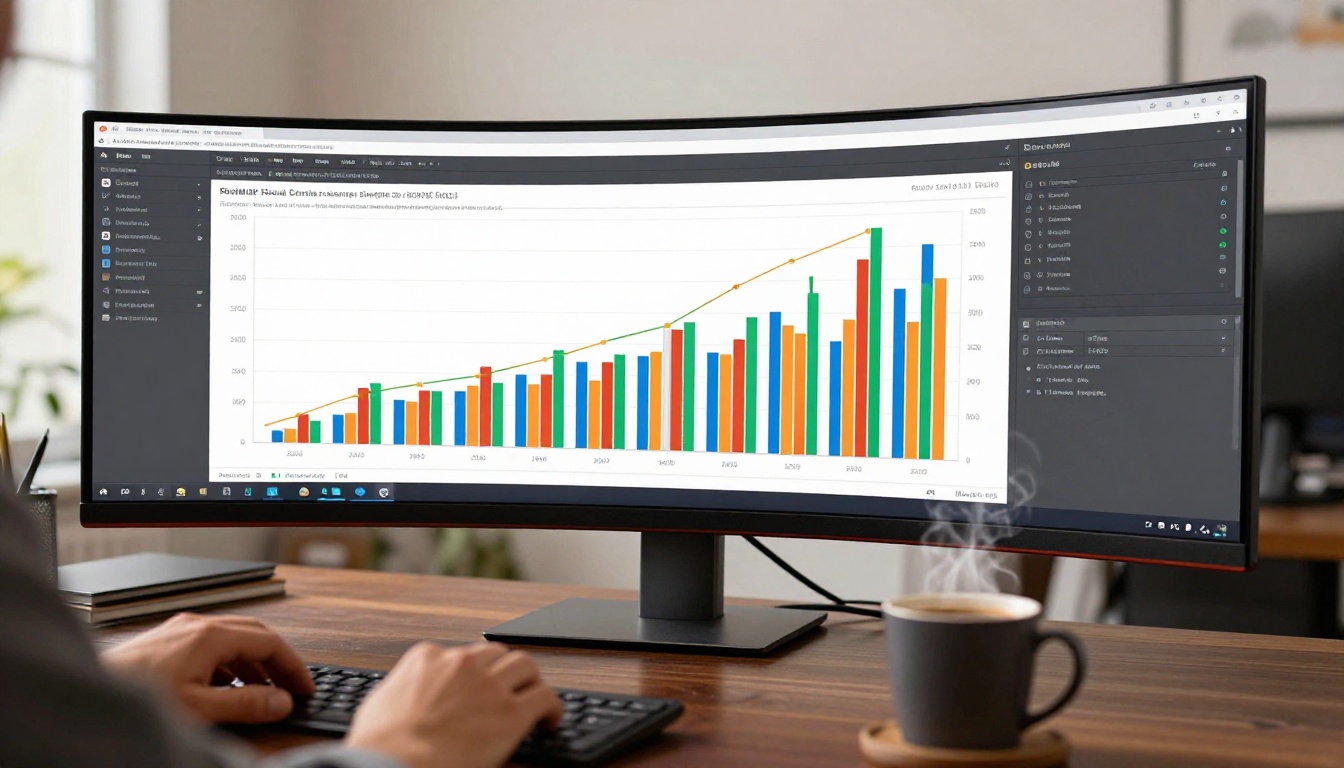 Large curved ultrawide monitor displaying benchmark comparison charts, warm office environment Large curved ultrawide monitor displaying benchmark comparison charts, warm office environment