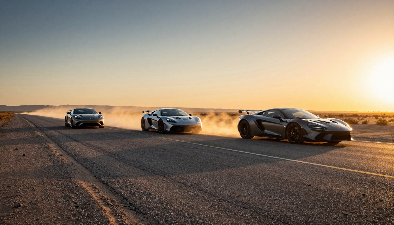 Two sports cars racing on a desert highway at golden hour Two sports cars racing on a desert highway at golden hour