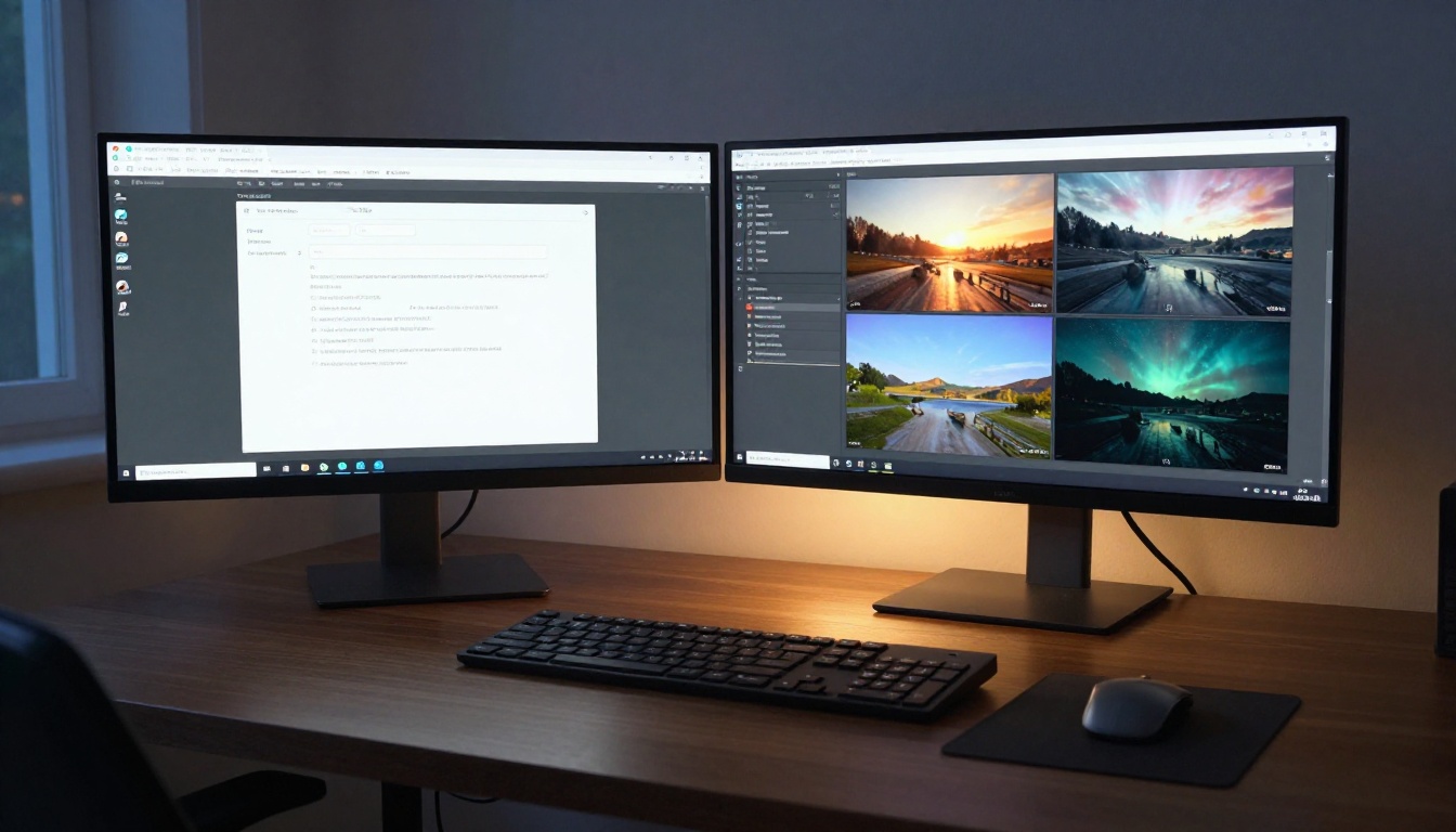 Wide angle dual monitor setup showing AI video generation interfaces on a dark wood desk at night