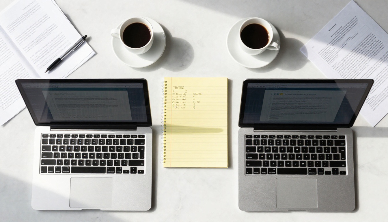 Two open laptops side by side on a white marble desk, aerial flat lay, yellow notepad between them Two open laptops side by side on a white marble desk, aerial flat lay, yellow notepad between them