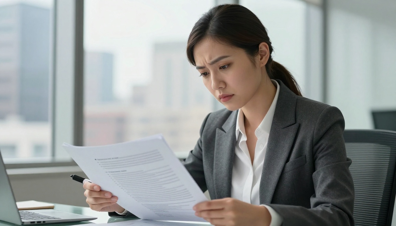 Professional woman in tailored blazer annotating a thick report at a glass desk, city skyline background Professional woman in tailored blazer annotating a thick report at a glass desk, city skyline background