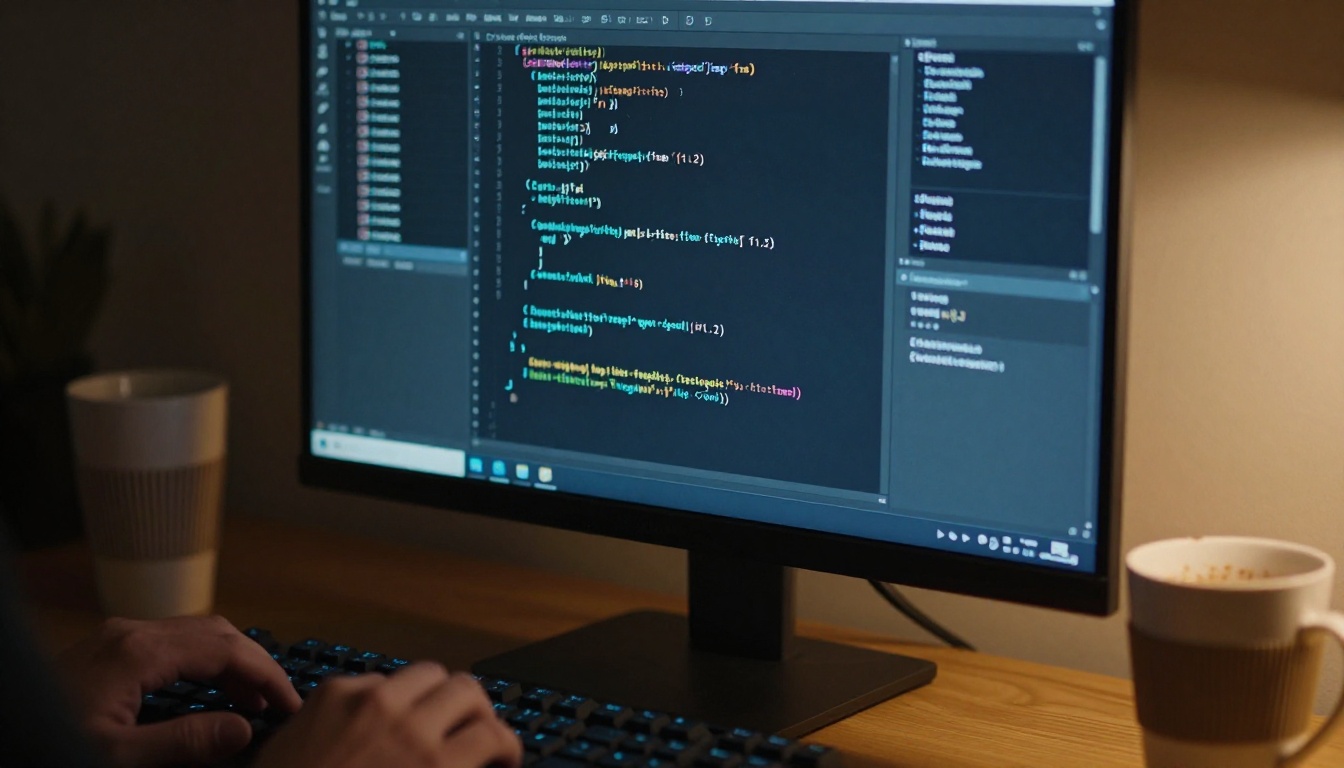 Developer's monitor showing dense code in a dark IDE, screen glow, mechanical keyboard, warm desk lamp
