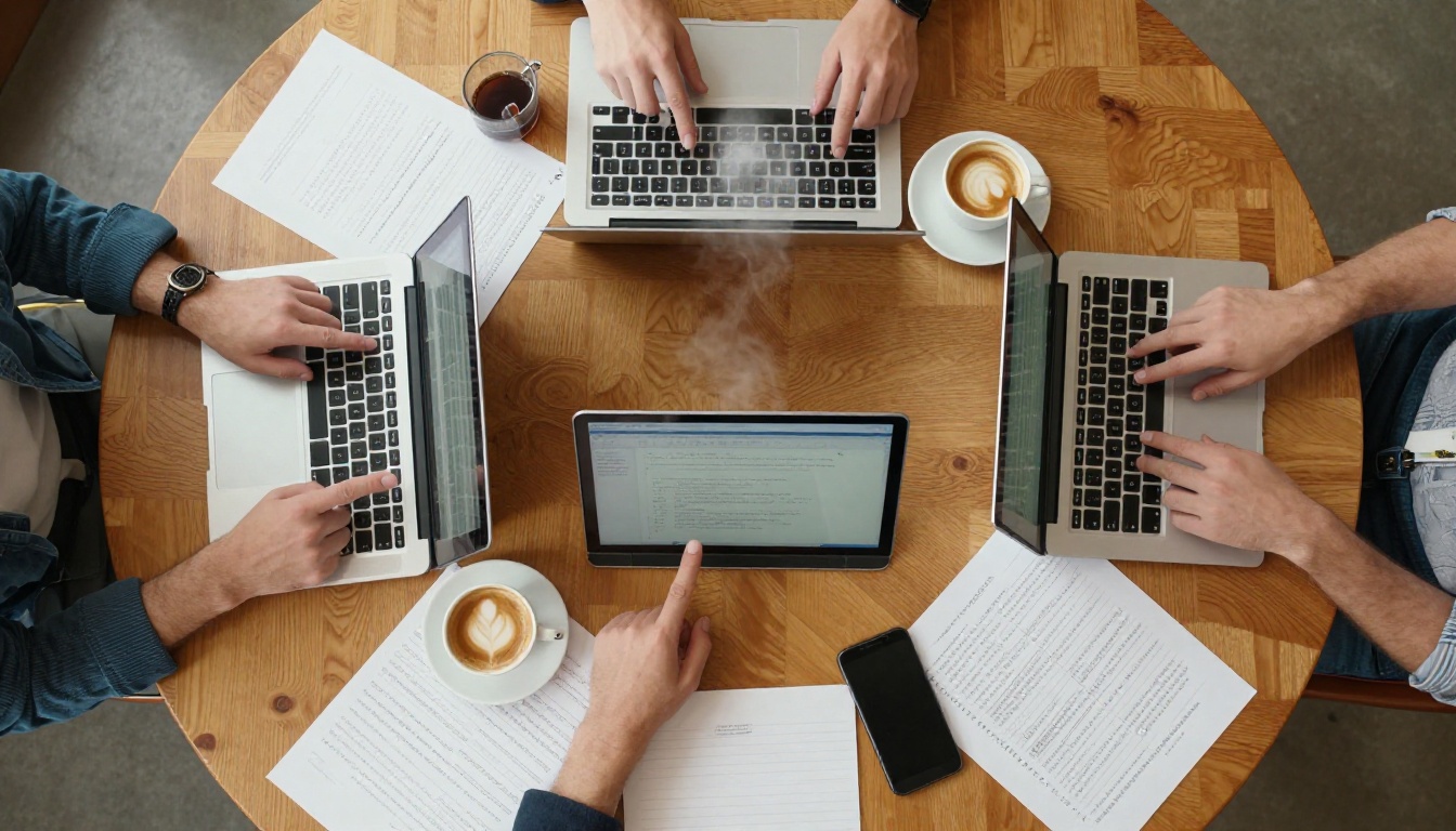 Aerial flat-lay bird's-eye view of two laptops on a wooden table with coffee cups and handwritten notes