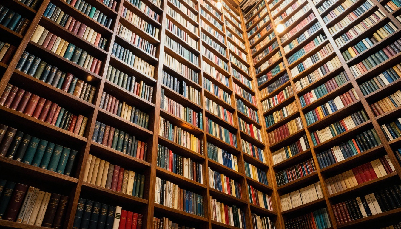 Towering library bookshelves photographed from a low angle, warm amber incandescent lighting, dust particles in light shafts
