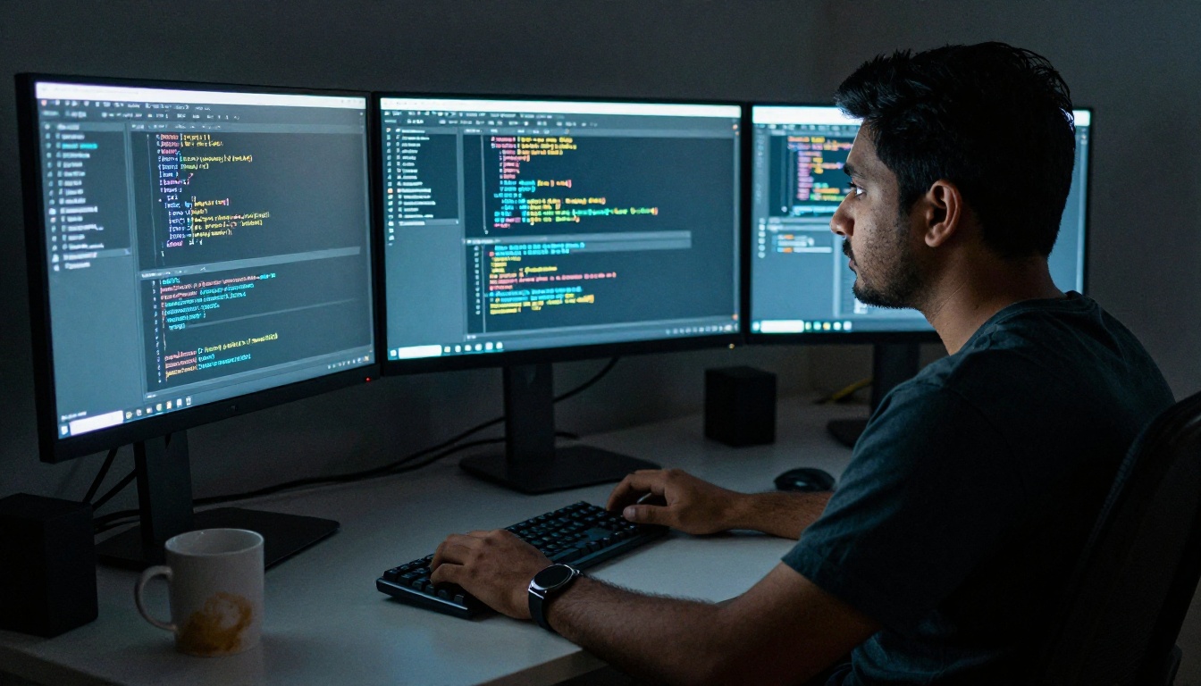 Developer coding at night illuminated by monitor glow