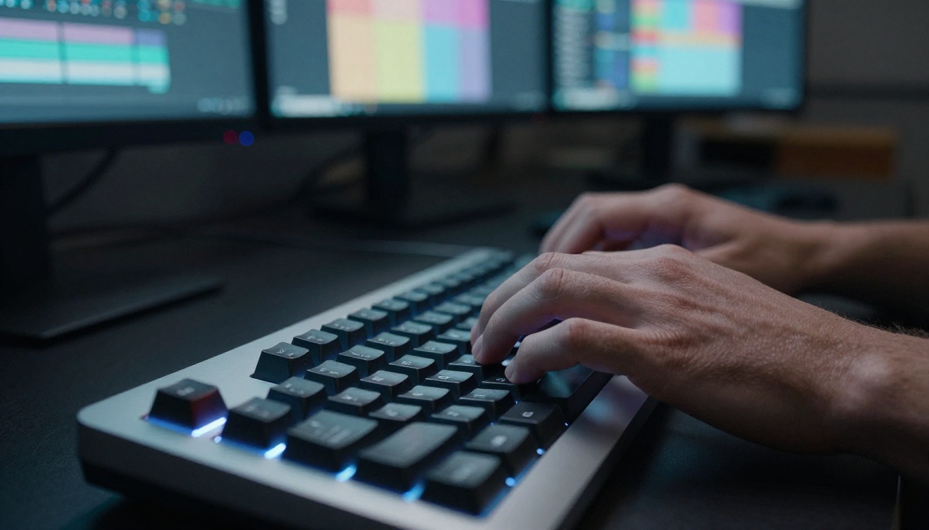 Extreme close-up of hands typing rapidly on a mechanical keyboard with blurred colorful video screens in the background