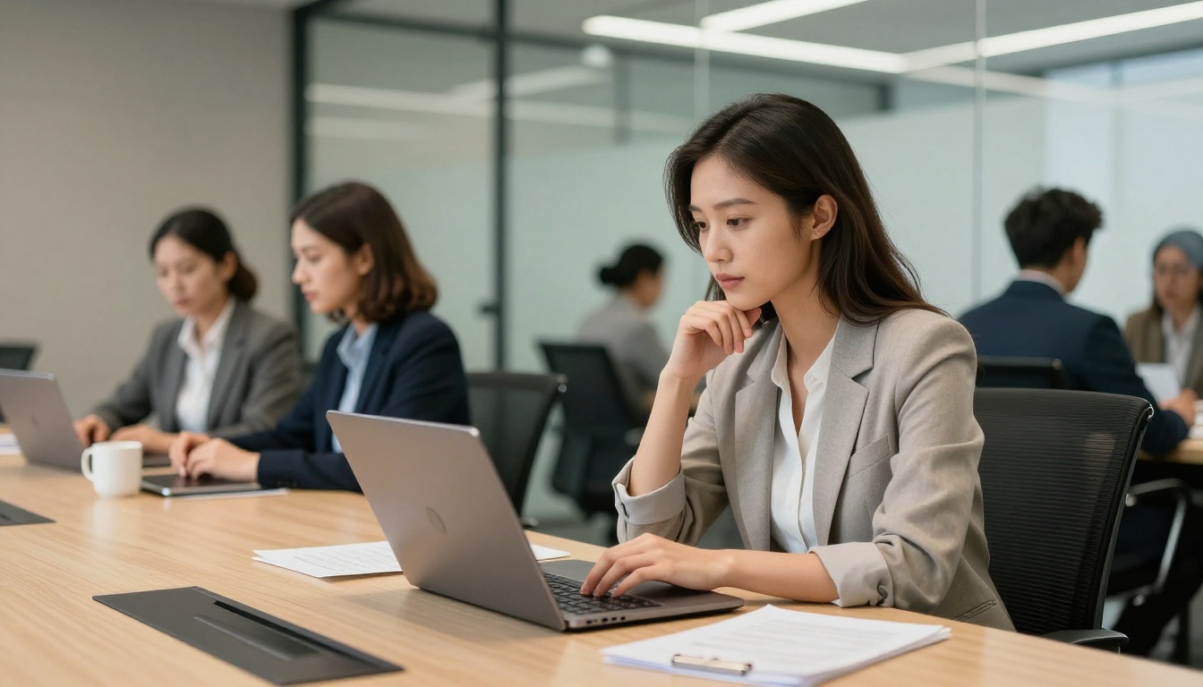 Professional woman focused on a laptop in a glass-walled meeting room, afternoon light through windows, colleagues in soft focus