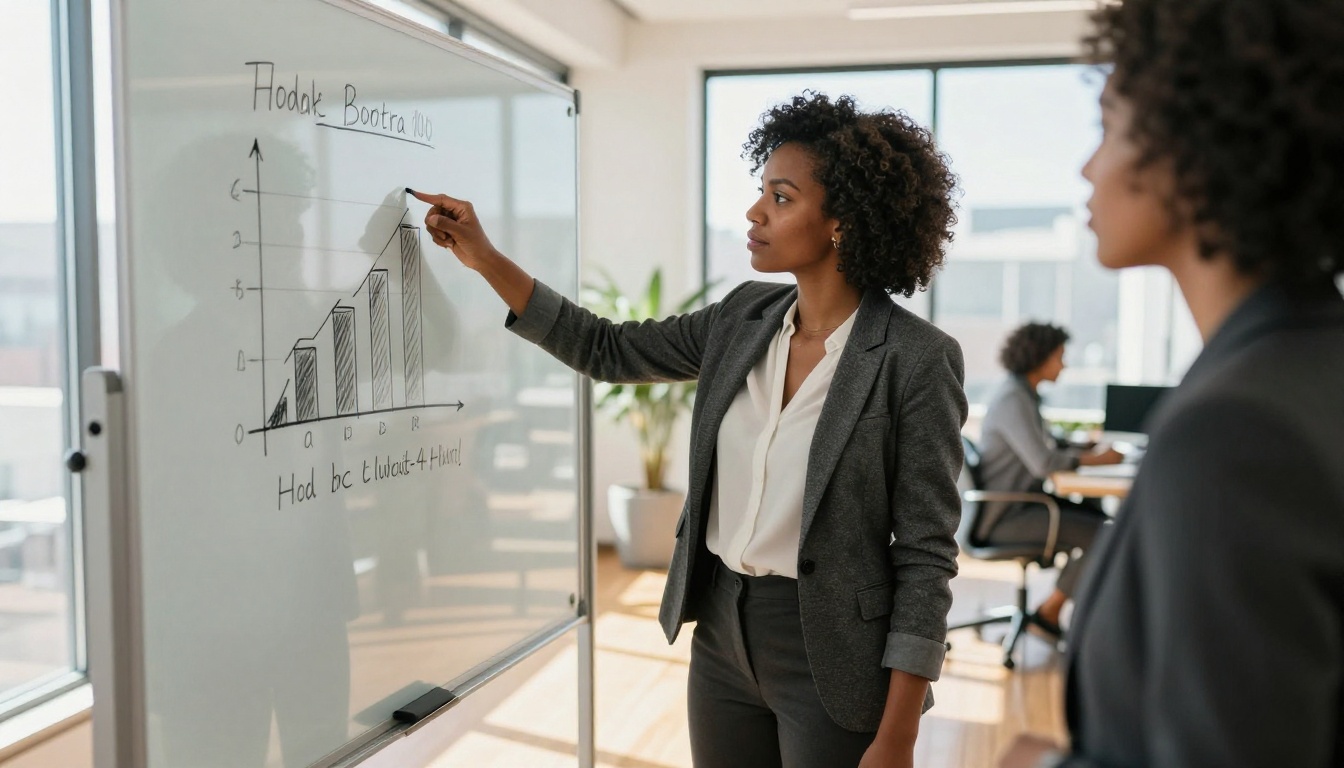 Businesswoman at glass whiteboard presenting model comparison